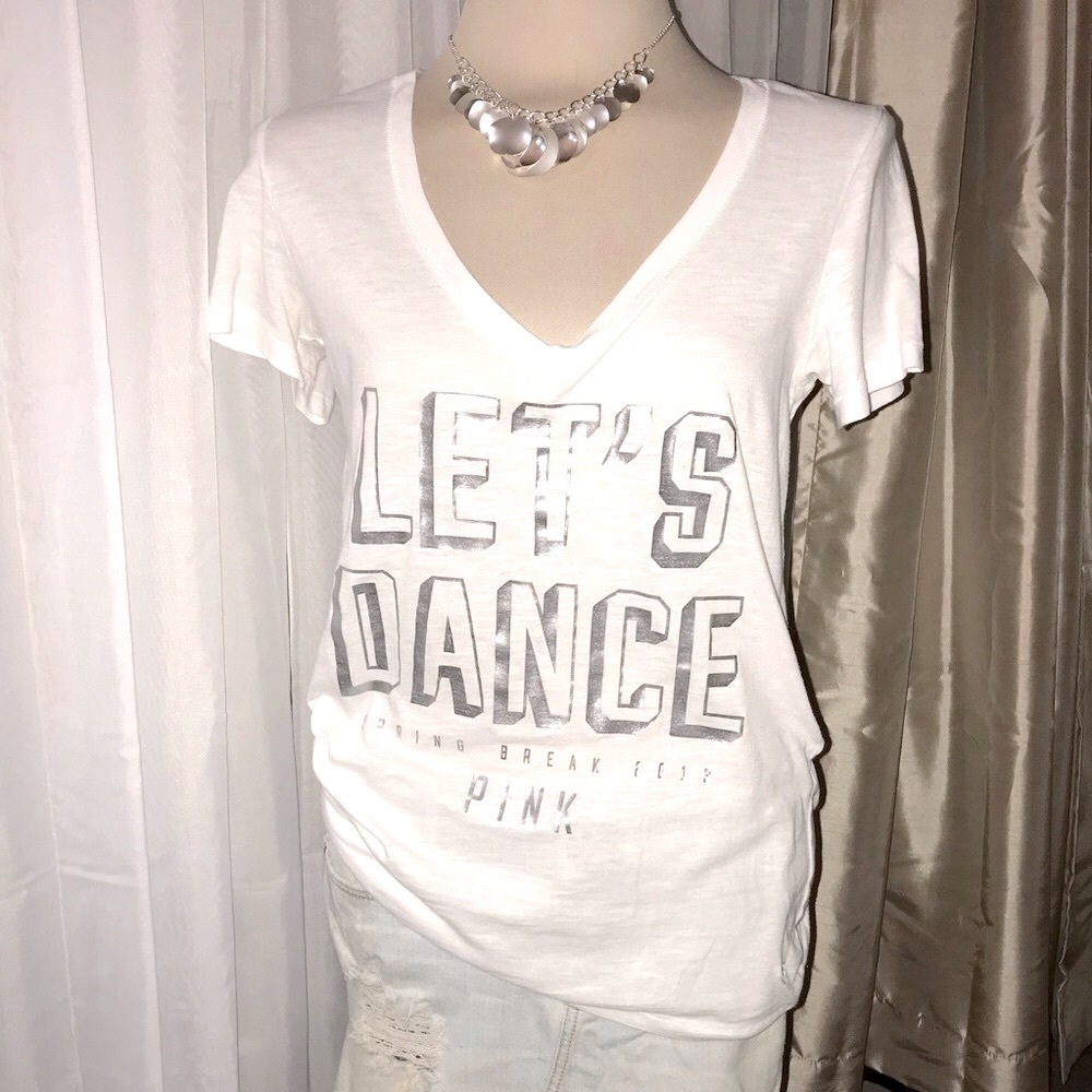 Victorias Secret Pink Let’s Dance Festival vibes graphic v-neck tee white L